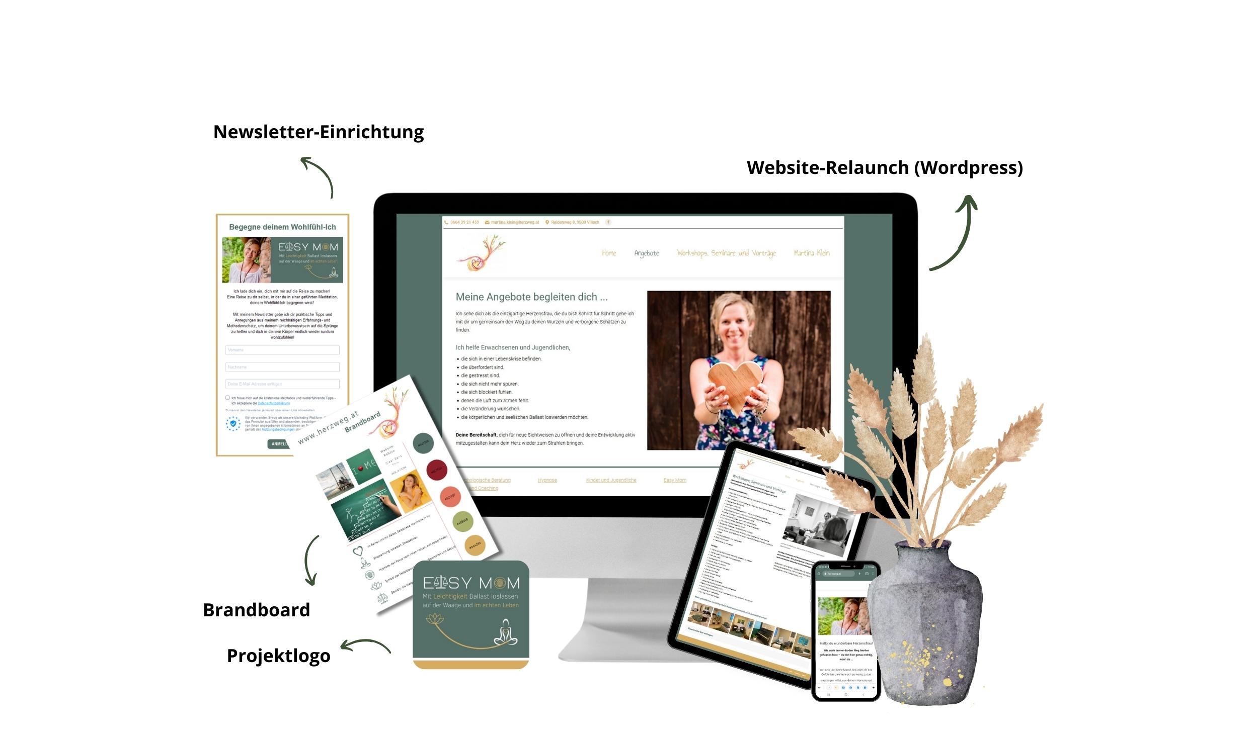 Mockup mit Bildern von einer Website, dem Brandboard und der Newslettereinrichtung